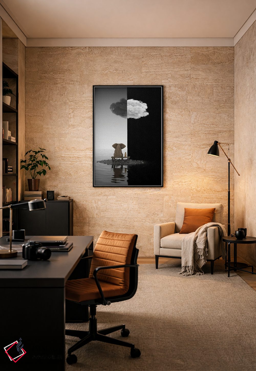 تابلو دکوراتیو فیل و سگ روی جزیره نشسته اند اثر مایک کیف - D6B