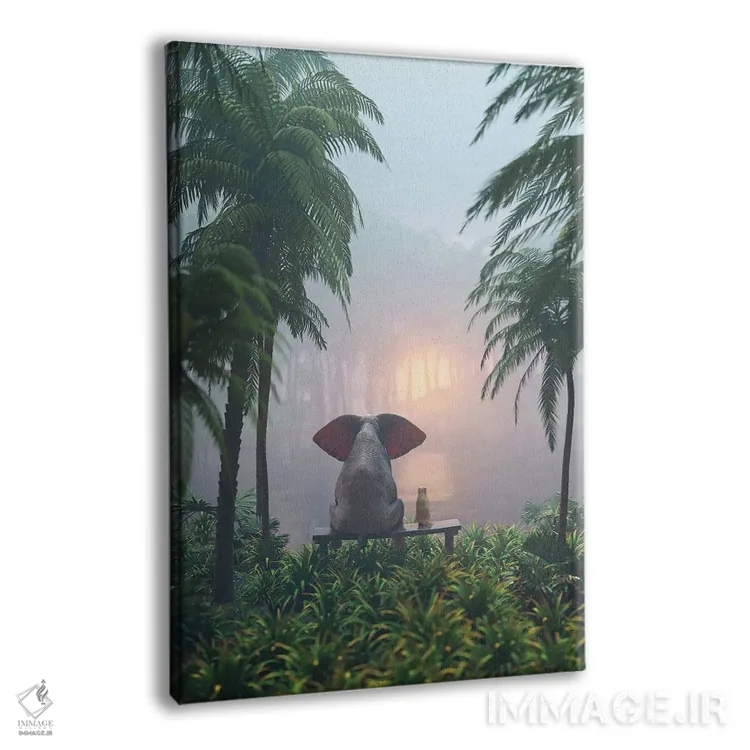 تابلو دکوراتیو فیل و سگ در جنگل بارانی نشسته اند اثر مایک کیف - نمای پرسپکتیو محصول