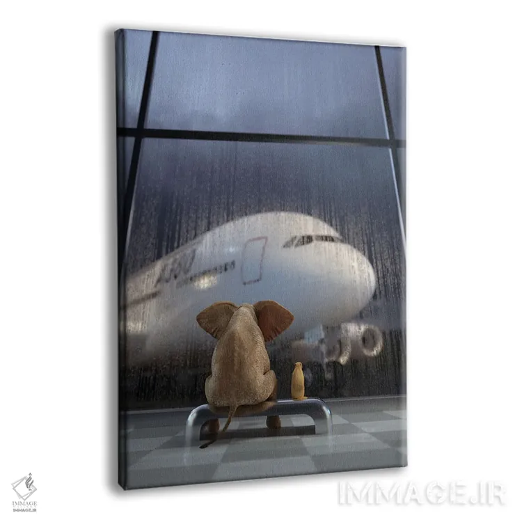 تابلو دکوراتیو فیل و سگ در فرودگاه منتظر پایان طوفان رعدوبرق هستند اثر مایک کیف - نمای پرسپکتیو محصول