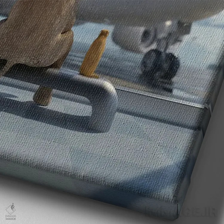 تابلو دکوراتیو فیل و سگ کنار پنجره در فرودگاه نشسته اند ۲ اثر مایک کیف - نمای نزدیک بافت بوم