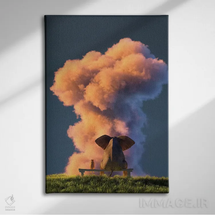 تابلو دکوراتیو فیل و سگ به ابر بزرگ صورتی نگاه می کنند ۲ اثر مایک کیف - نمای روبهرو روی دیوار