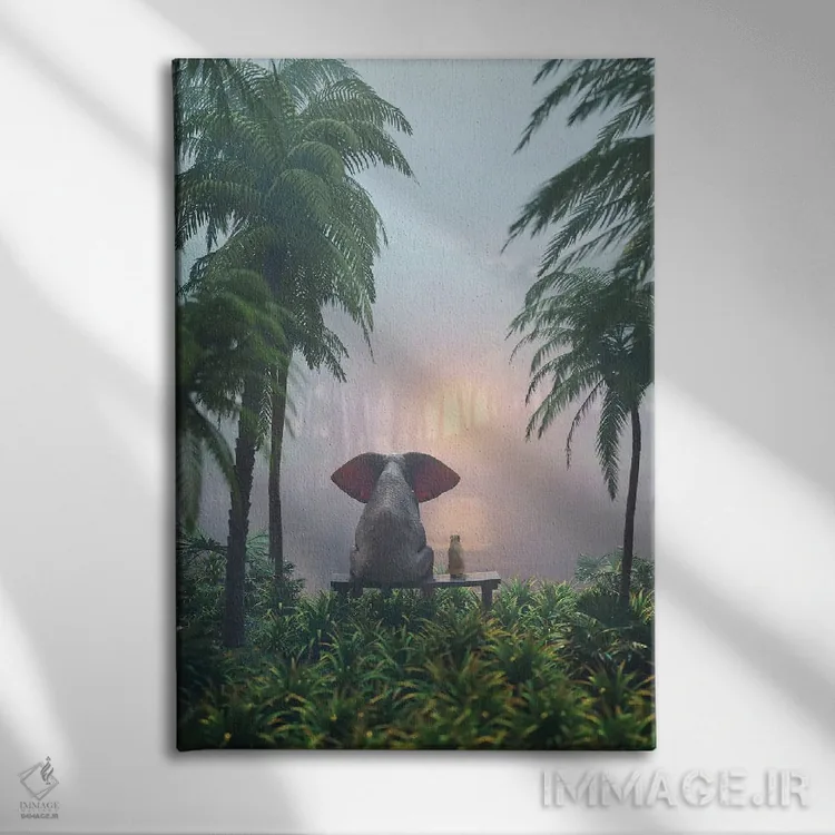 تابلو دکوراتیو فیل و سگ در جنگل بارانی نشسته اند اثر مایک کیف - نمای روبهرو روی دیوار