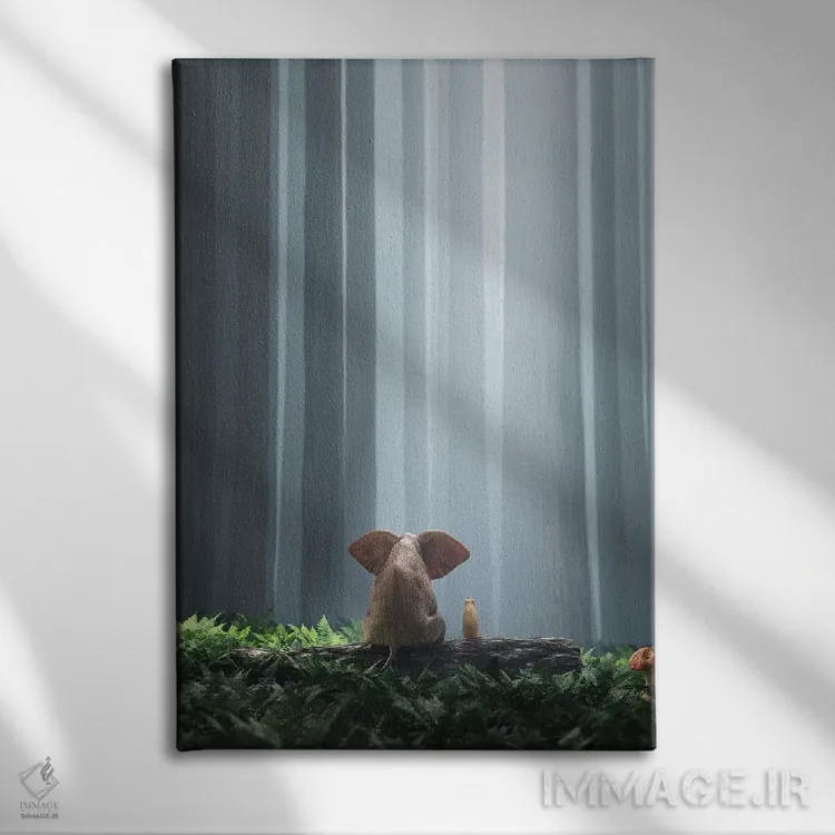 تابلو دکوراتیو فیل و سگ در جنگل انبوه نشسته اند ۲ اثر مایک کیف - نمای روبهرو روی دیوار