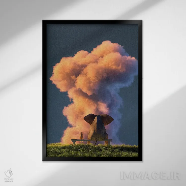 تابلو دکوراتیو فیل و سگ به ابر بزرگ صورتی نگاه می کنند ۲ اثر مایک کیف - نمای قابدار مشکی