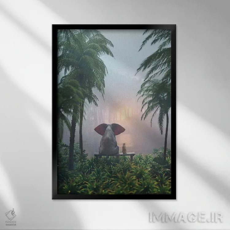 تابلو دکوراتیو فیل و سگ در جنگل بارانی نشسته اند اثر مایک کیف - نمای قابدار مشکی