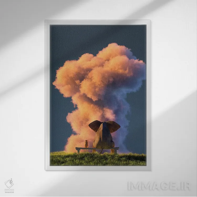 تابلو دکوراتیو فیل و سگ به ابر بزرگ صورتی نگاه می کنند ۲ اثر مایک کیف - نمای قابدار سفید