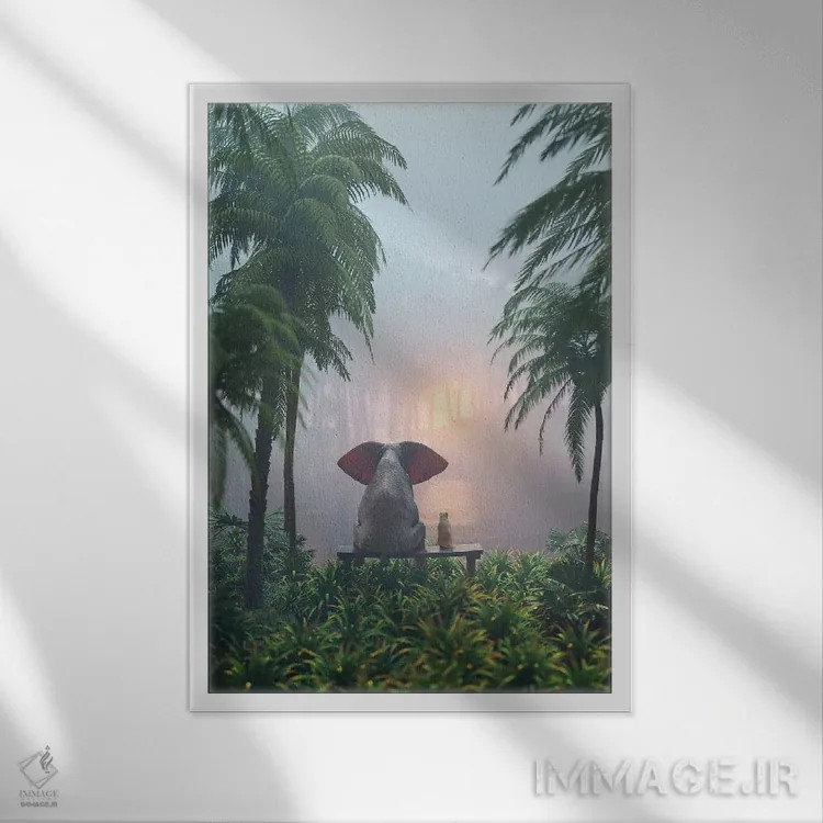 تابلو دکوراتیو فیل و سگ در جنگل بارانی نشسته اند اثر مایک کیف - نمای قابدار سفید