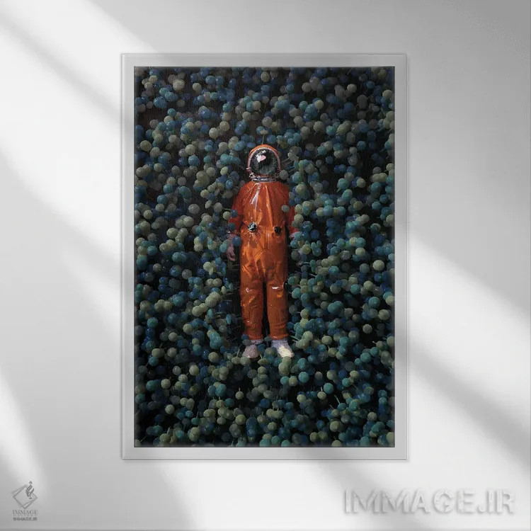 تابلو دکوراتیو فضانورد در حال دراز کشیدن میان قارچ ها اثر مایک کیف - نمای قابدار سفید