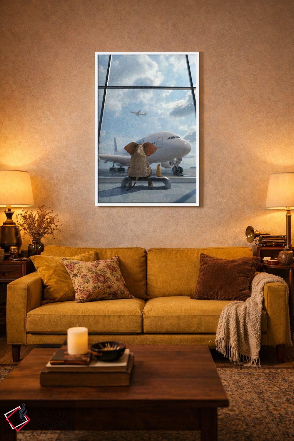 تابلو دکوراتیو فیل و سگ کنار پنجره در فرودگاه نشسته اند ۲ اثر مایک کیف - D3W