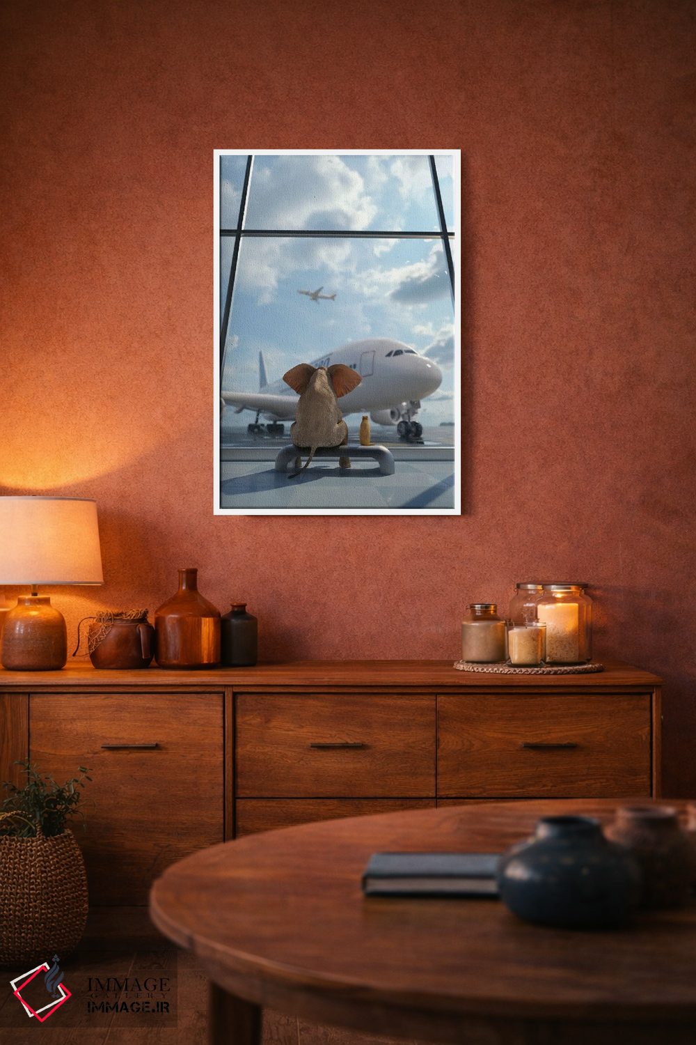 تابلو دکوراتیو فیل و سگ کنار پنجره در فرودگاه نشسته اند ۲ اثر مایک کیف - D2W