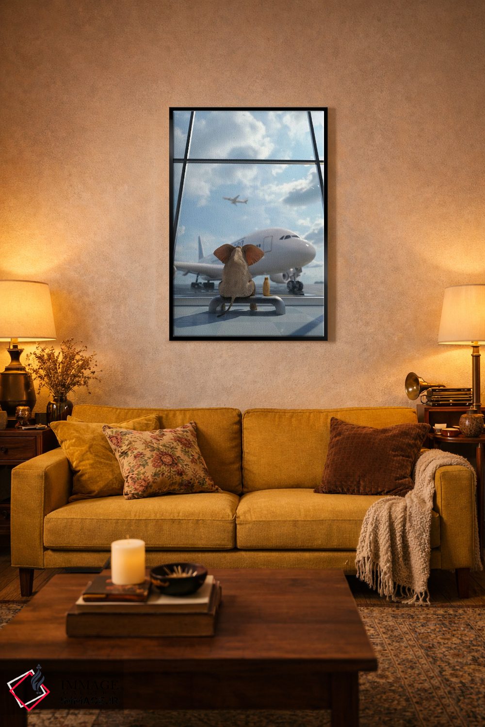 تابلو دکوراتیو فیل و سگ کنار پنجره در فرودگاه نشسته اند ۲ اثر مایک کیف - D4B