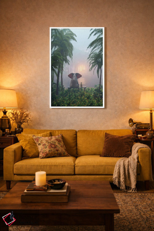 تابلو دکوراتیو فیل و سگ در جنگل بارانی نشسته اند اثر مایک کیف - D2W