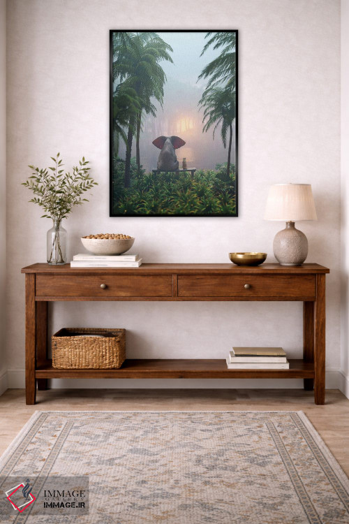 تابلو دکوراتیو فیل و سگ در جنگل بارانی نشسته اند اثر مایک کیف - D3B