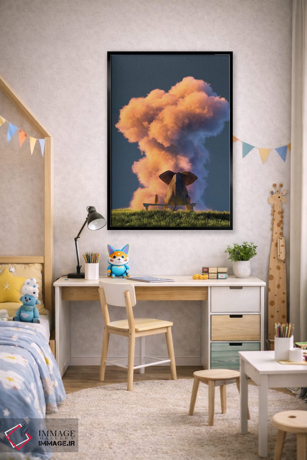 تابلو دکوراتیو فیل و سگ به ابر بزرگ صورتی نگاه می کنند ۲ اثر مایک کیف - D2B