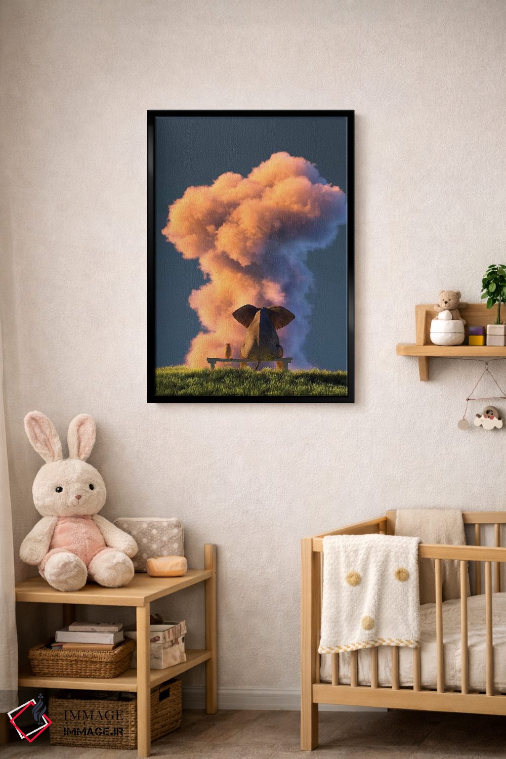 تابلو دکوراتیو فیل و سگ به ابر بزرگ صورتی نگاه می کنند ۲ اثر مایک کیف - D5B