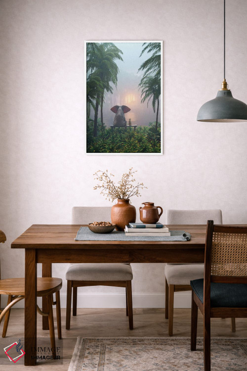 تابلو دکوراتیو فیل و سگ در جنگل بارانی نشسته اند اثر مایک کیف - D6W