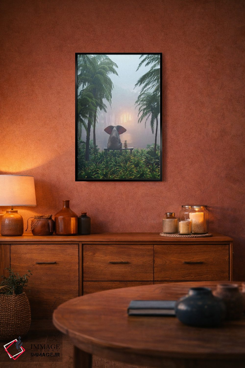 تابلو دکوراتیو فیل و سگ در جنگل بارانی نشسته اند اثر مایک کیف - D4B