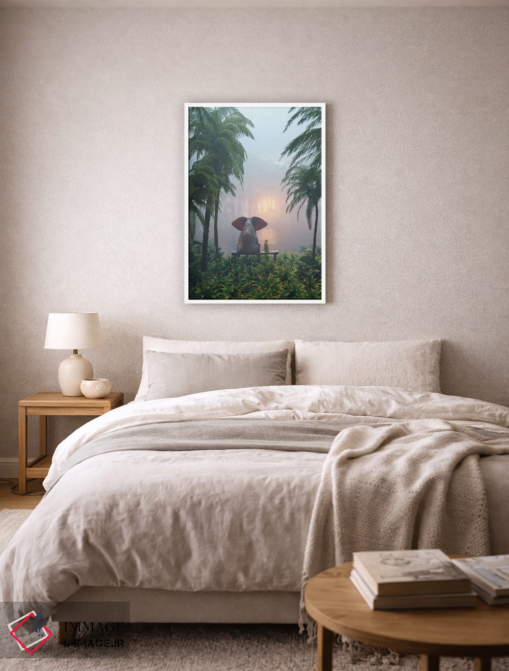 تابلو دکوراتیو فیل و سگ در جنگل بارانی نشسته اند اثر مایک کیف - D5W