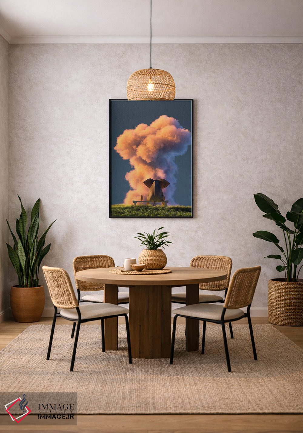 تابلو دکوراتیو فیل و سگ به ابر بزرگ صورتی نگاه می کنند ۲ اثر مایک کیف - D6B