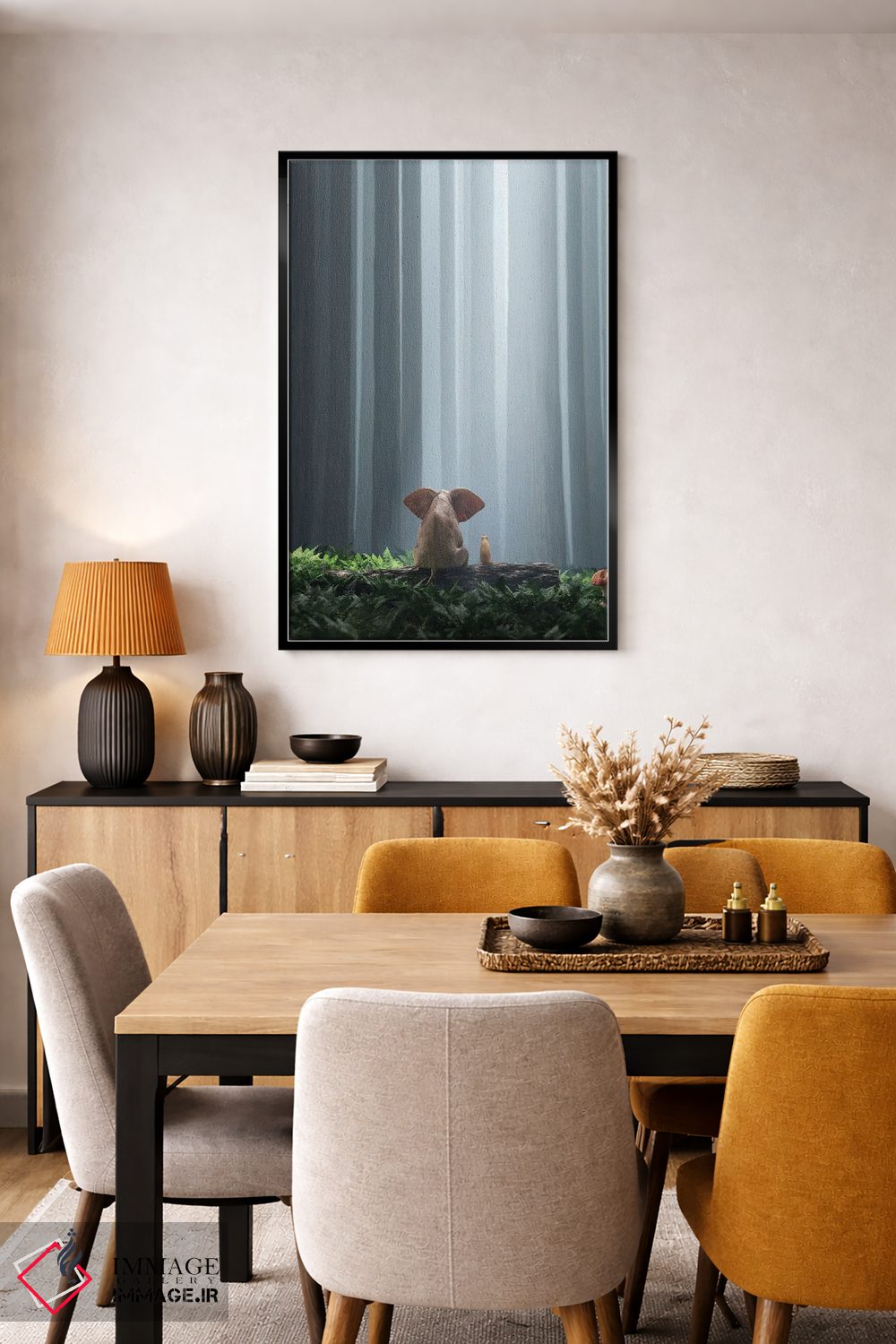 تابلو دکوراتیو فیل و سگ در جنگل انبوه نشسته اند ۲ اثر مایک کیف - D6B