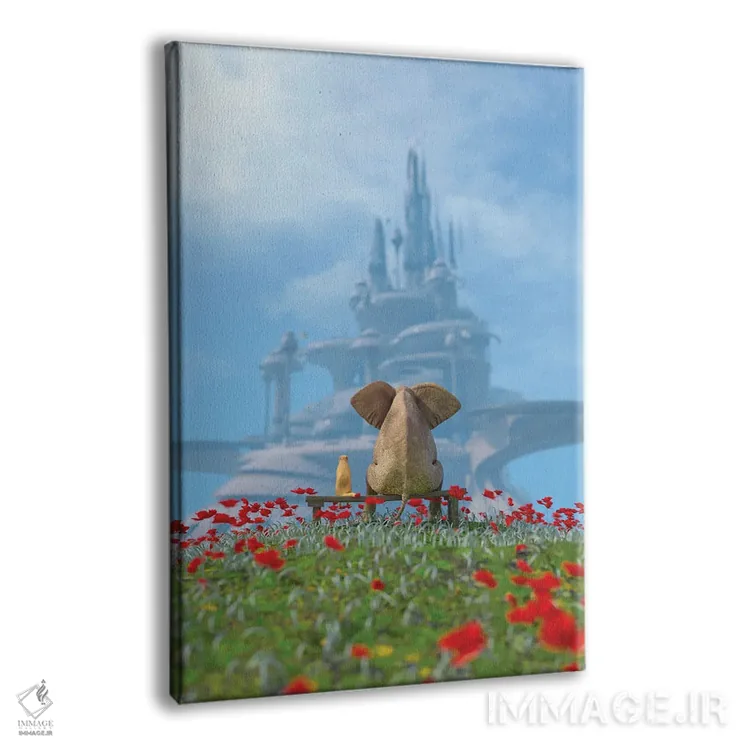تابلو دکوراتیو فیل و سگ به شهر آرمانی نگاه می کنند اثر مایک کیف - نمای پرسپکتیو محصول