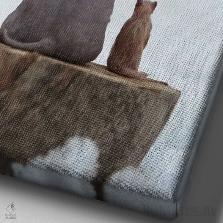 تابلو دکوراتیو فیل و سگ روی تنه درخت در زمستان نشسته اند اثر مایک کیف - نمای نزدیک بافت بوم