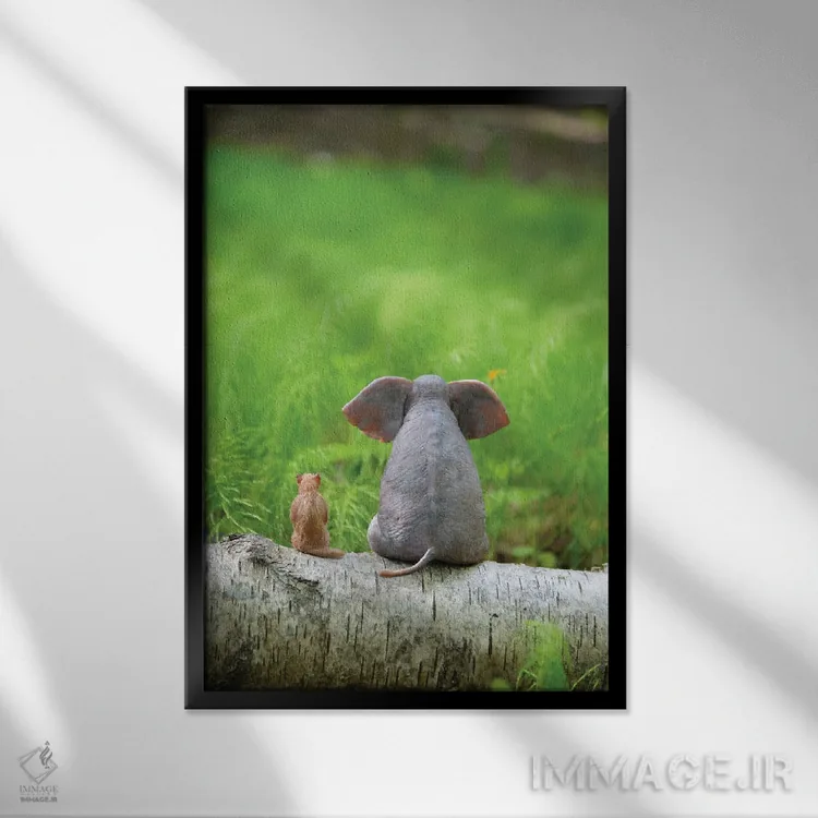 تابلو دکوراتیو فیل و سگ روی چمنزار سبز نشسته اند اثر مایک کیف - نمای قابدار مشکی