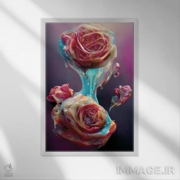 تابلو دکوراتیو رزهای قرمز پوشیده شده با شیره شیرین ۱ اثر مایک کیف - نمای قابدار سفید