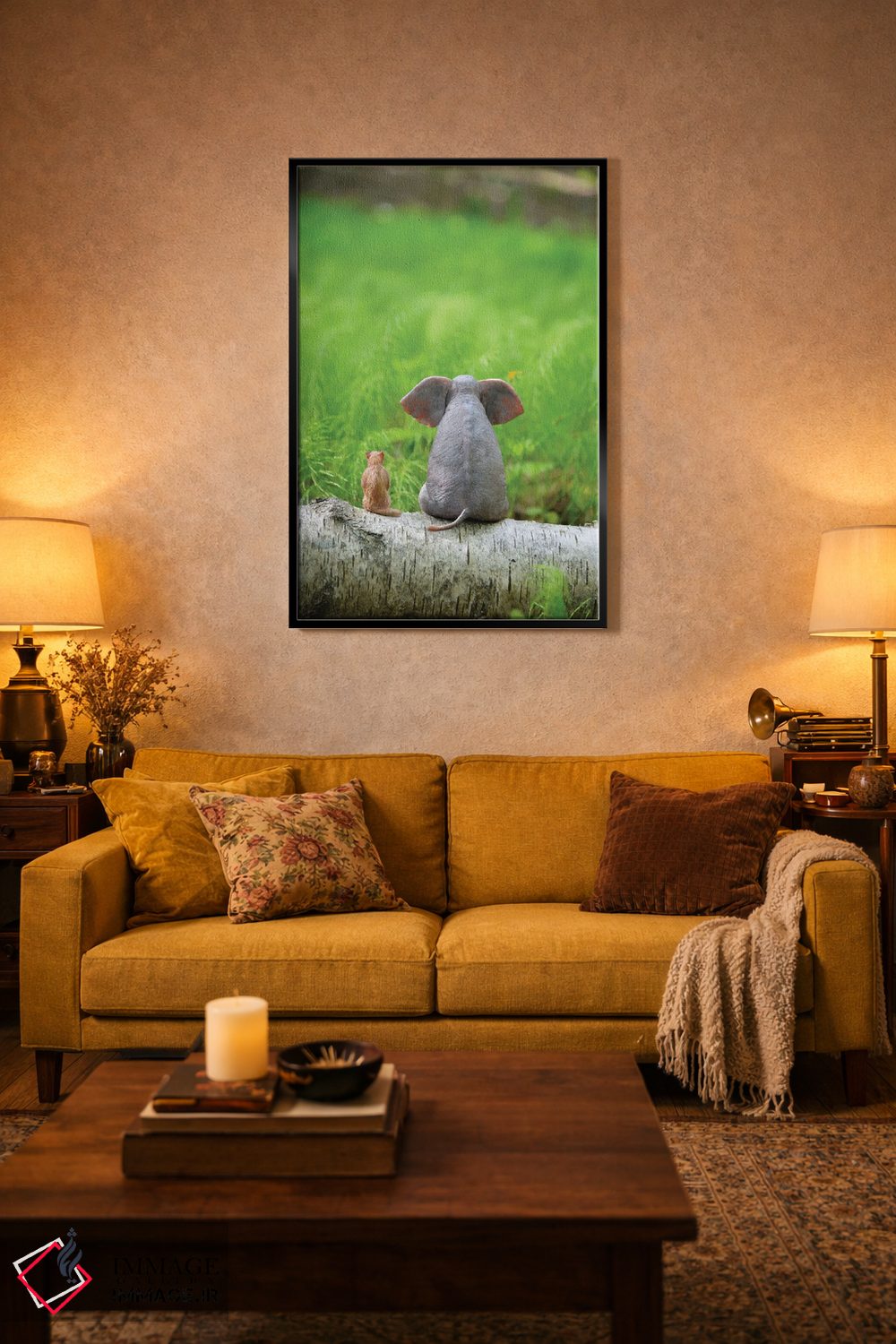 تابلو دکوراتیو فیل و سگ روی چمنزار سبز نشسته اند اثر مایک کیف - D5B