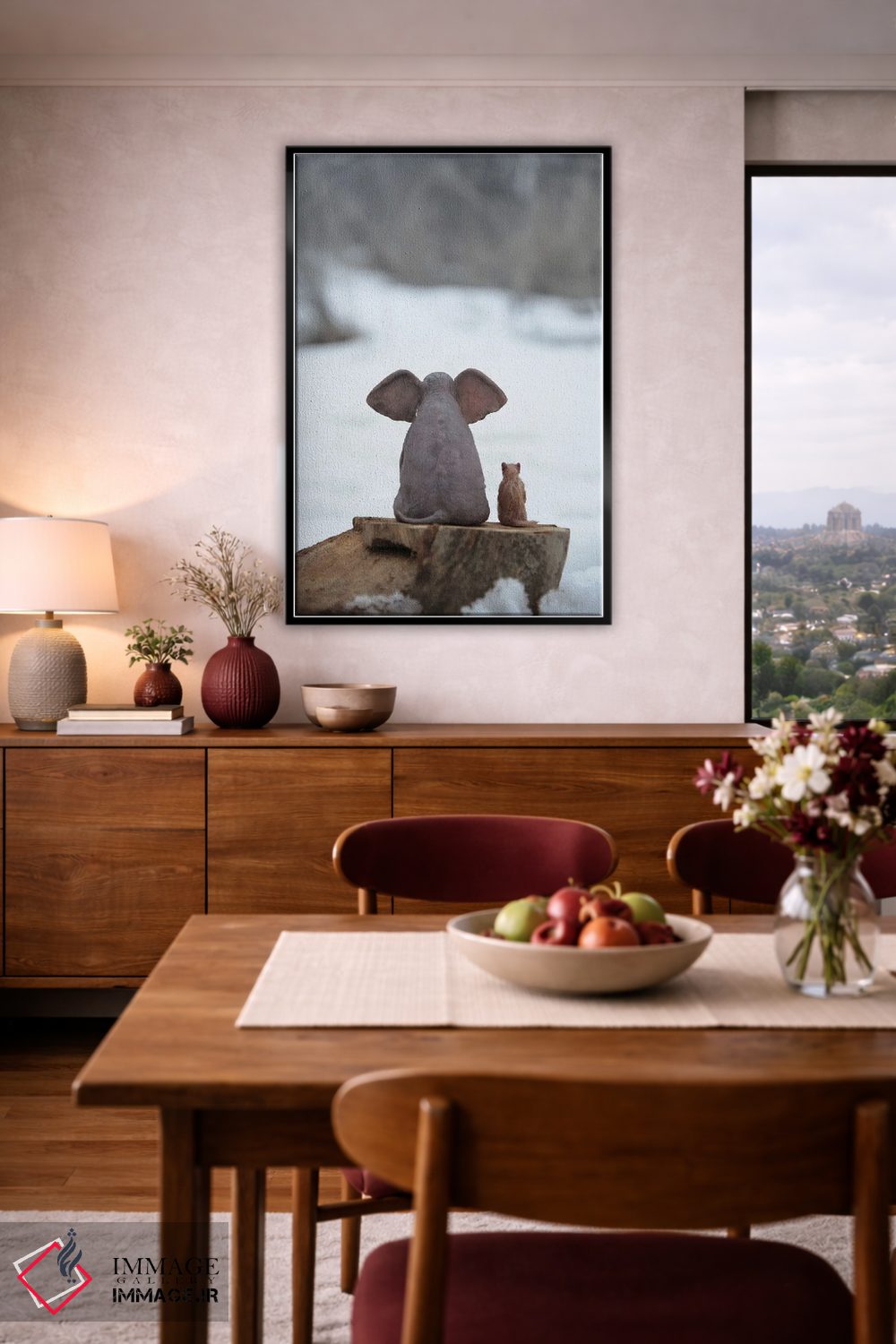 تابلو دکوراتیو فیل و سگ روی تنه درخت در زمستان نشسته اند اثر مایک کیف - D4B