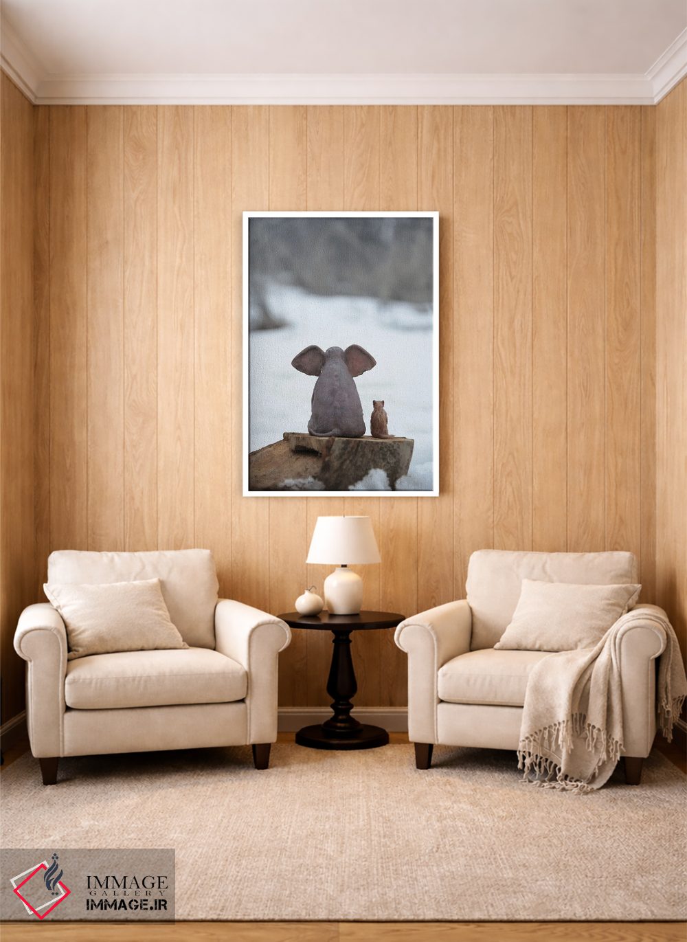 تابلو دکوراتیو فیل و سگ روی تنه درخت در زمستان نشسته اند اثر مایک کیف - D2W