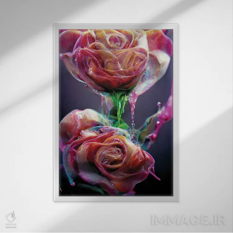 تابلو دکوراتیو رزهای قرمز پوشیده شده با شیره شیرین ۳ اثر مایک کیف - نمای قابدار سفید