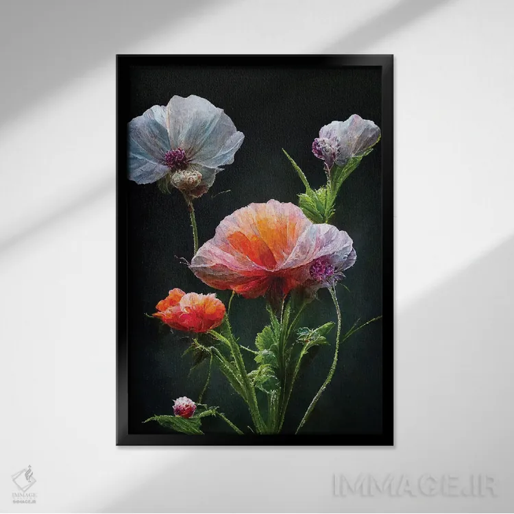 تابلو دکوراتیو گل شقایق قرمز روی زمینه سیاه اثر مایک کیف - نمای قابدار مشکی