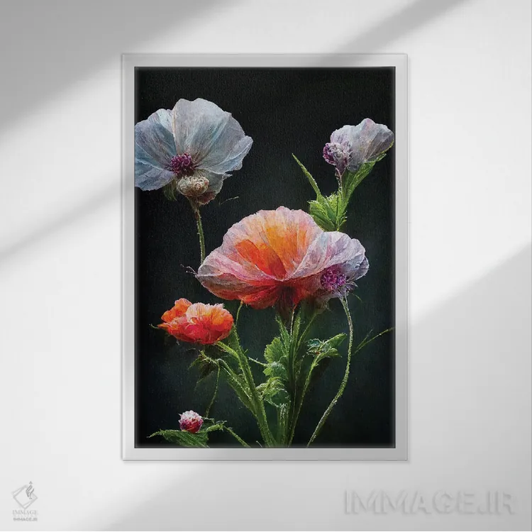 تابلو دکوراتیو گل شقایق قرمز روی زمینه سیاه اثر مایک کیف - نمای قابدار سفید