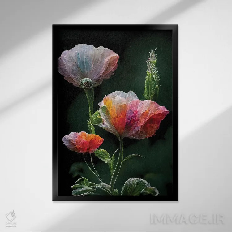 تابلو دکوراتیو گل شقایق قرمز روی زمینه سیاه ۳ اثر مایک کیف - نمای قابدار مشکی