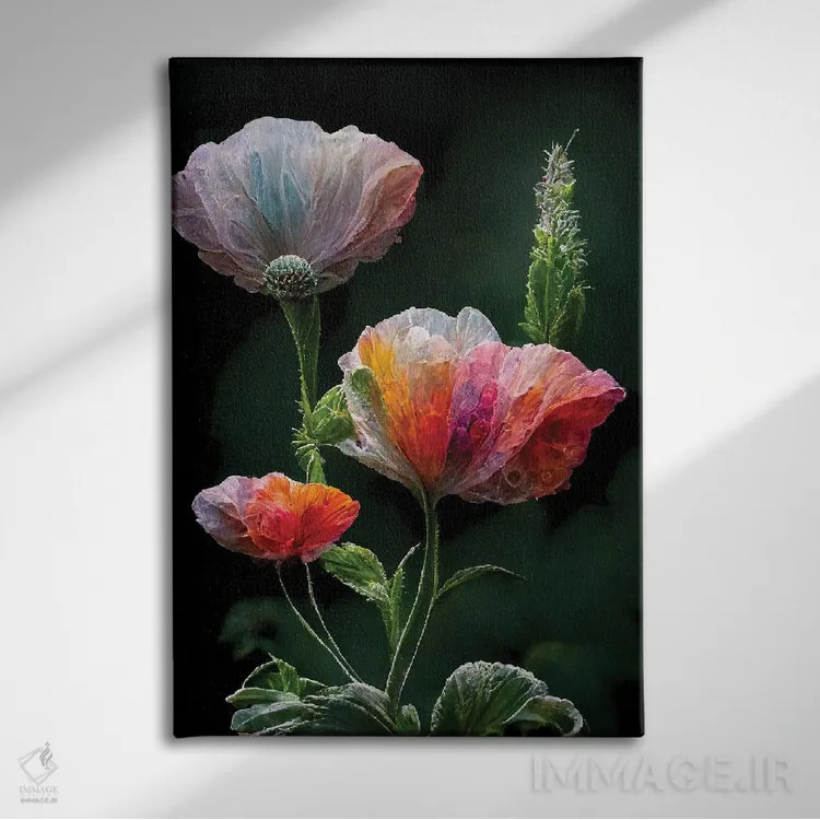 تابلو دکوراتیو گل شقایق قرمز روی زمینه سیاه ۳ اثر مایک کیف - نمای روبهرو روی دیوار