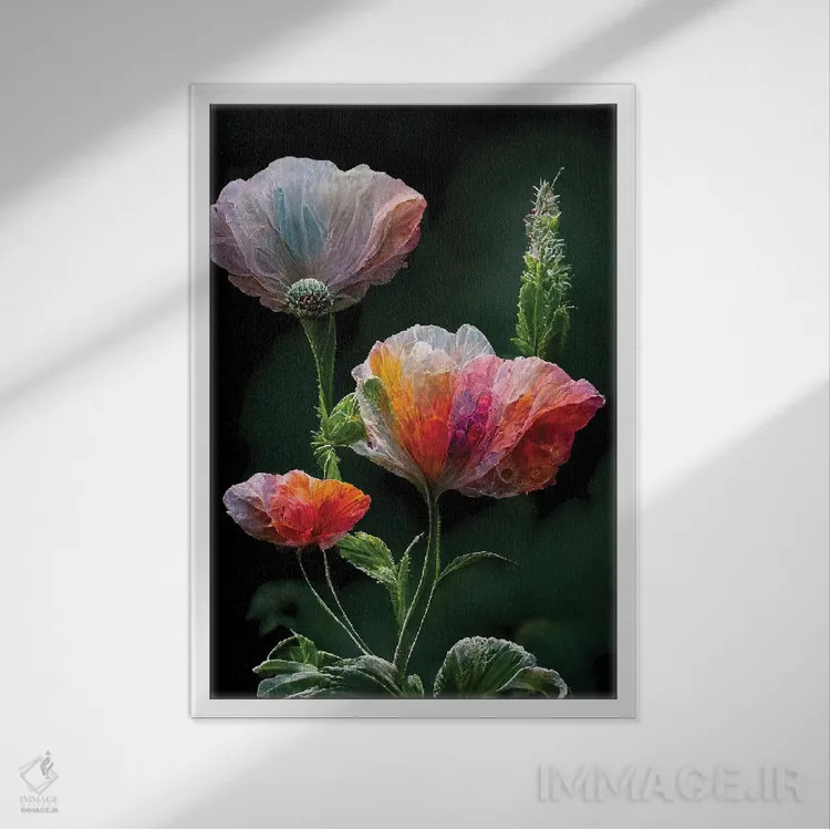 تابلو دکوراتیو گل شقایق قرمز روی زمینه سیاه ۳ اثر مایک کیف - نمای قابدار سفید