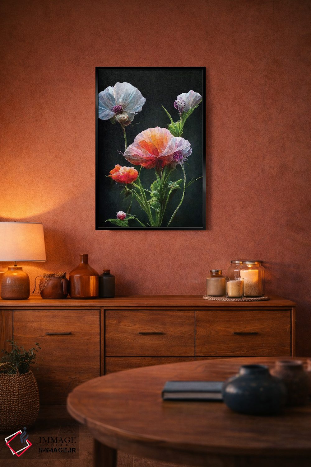 تابلو دکوراتیو گل شقایق قرمز روی زمینه سیاه اثر مایک کیف - D4B