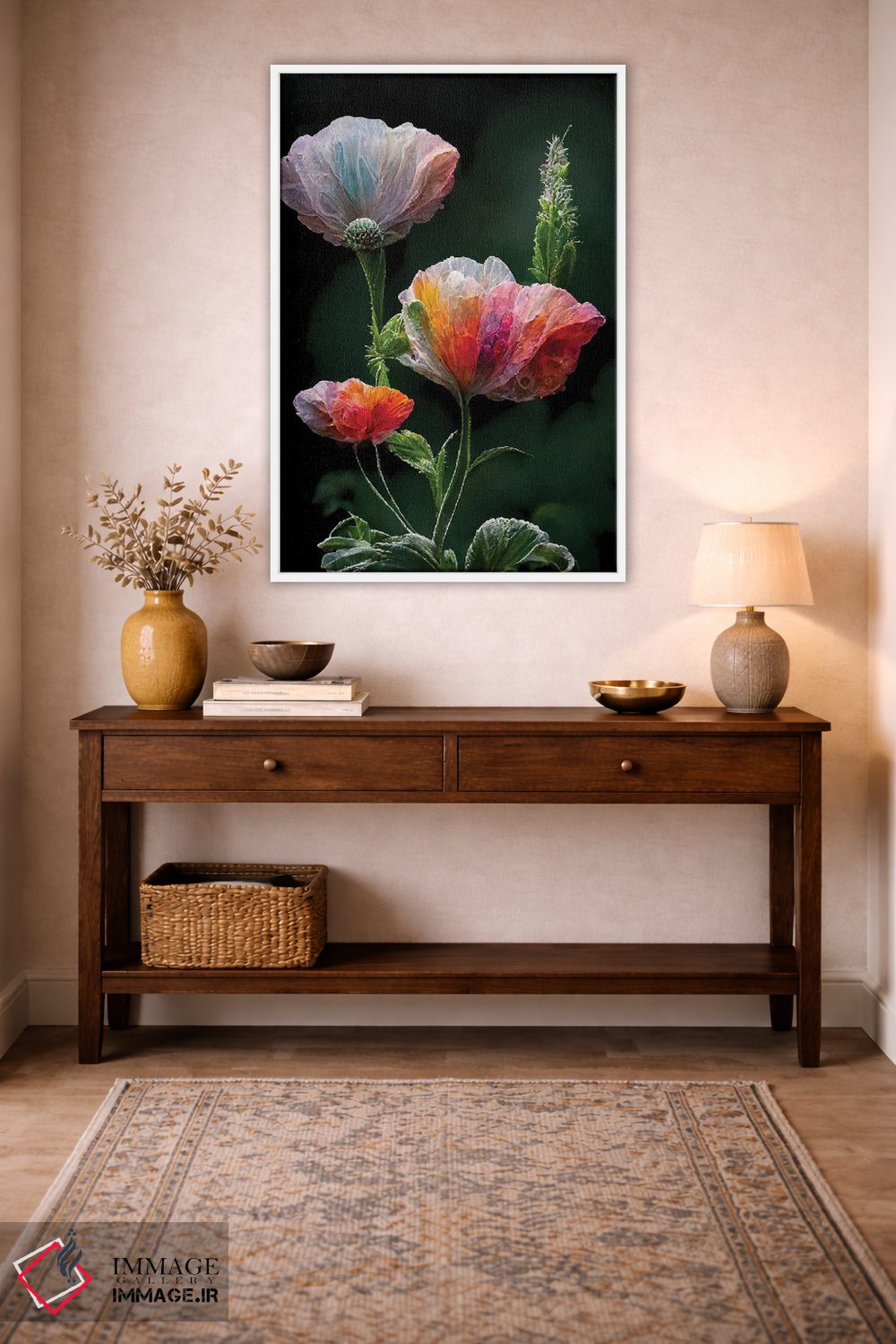 تابلو دکوراتیو گل شقایق قرمز روی زمینه سیاه ۳ اثر مایک کیف - D1W