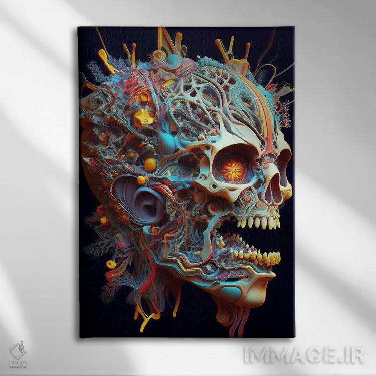تابلو دکوراتیو پرتره سورئال جمجمه اثر مایک کیف - نمای روبهرو روی دیوار