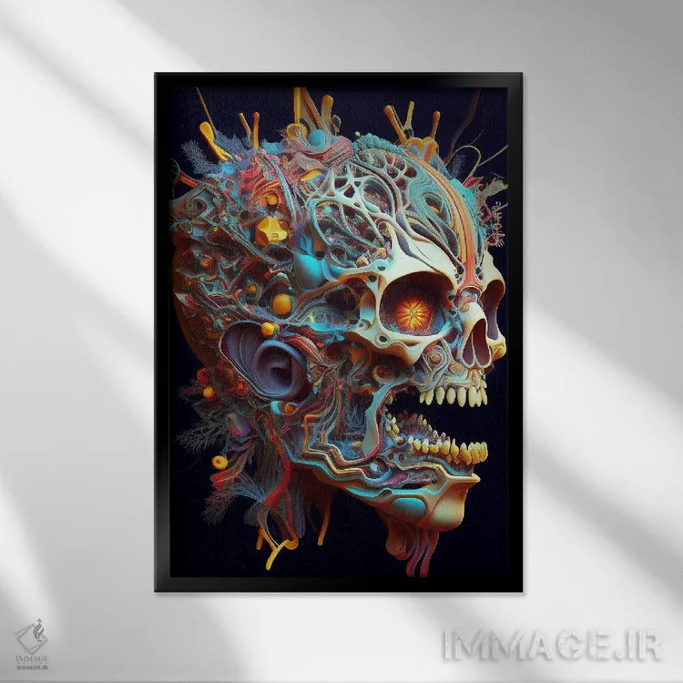 تابلو دکوراتیو پرتره سورئال جمجمه اثر مایک کیف - نمای قابدار مشکی