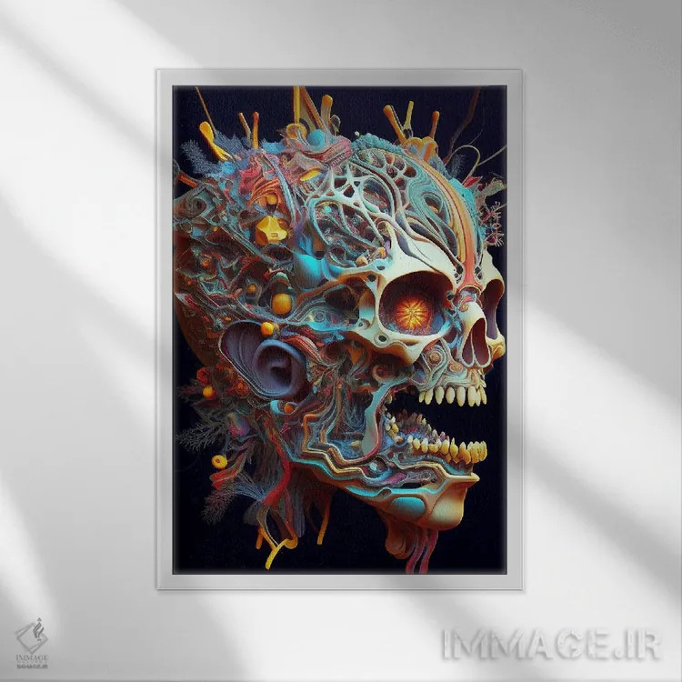 تابلو دکوراتیو پرتره سورئال جمجمه اثر مایک کیف - نمای قابدار سفید