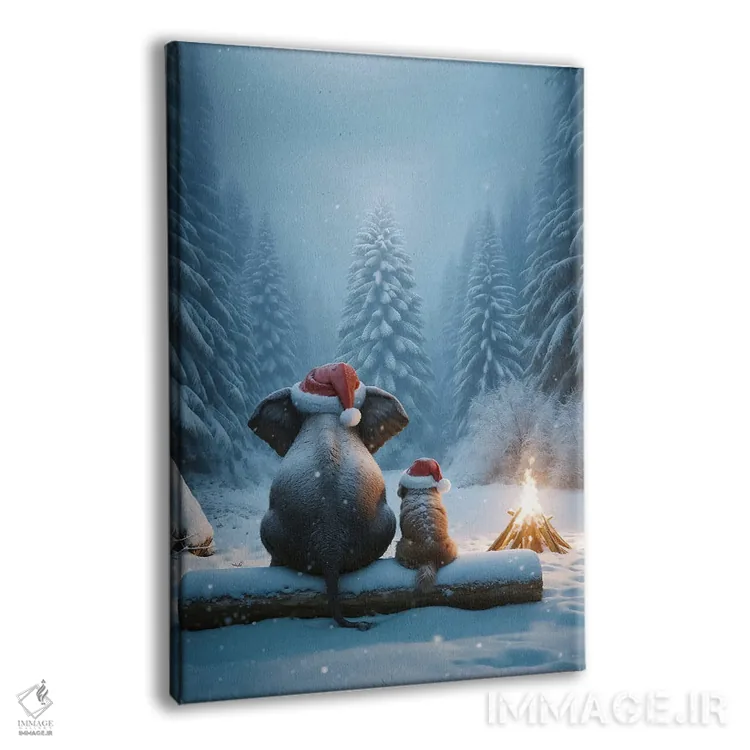 تابلو دکوراتیو فیل و سگ در جنگل نشسته و به درخت کریسمس نگاه می کنند اثر مایک کیف - نمای پرسپکتیو محصول