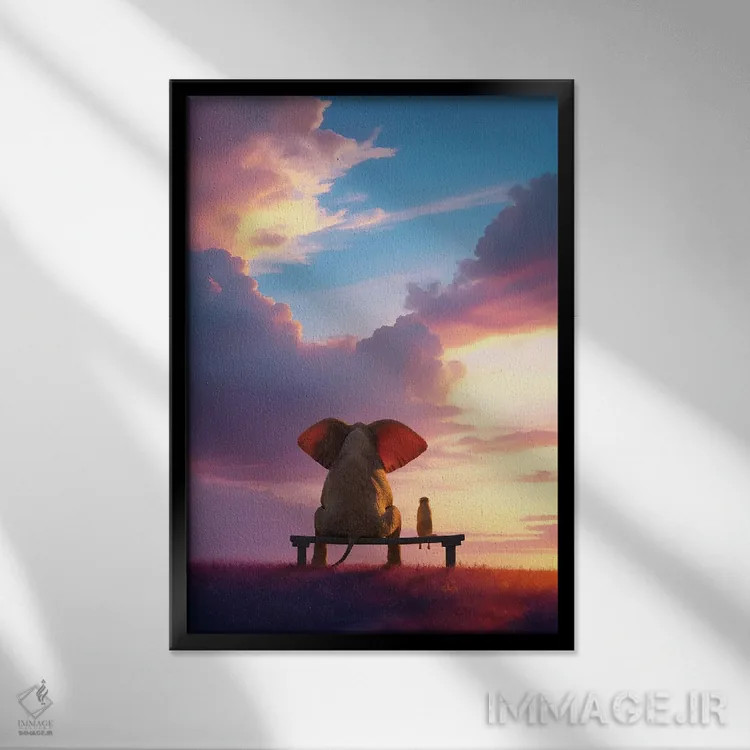 تابلو دکوراتیو فیل و سگ روی نیمکتی نشسته اند و طلوع خورشید را تماشا می کنند اثر مایک کیف - نمای قابدار مشکی