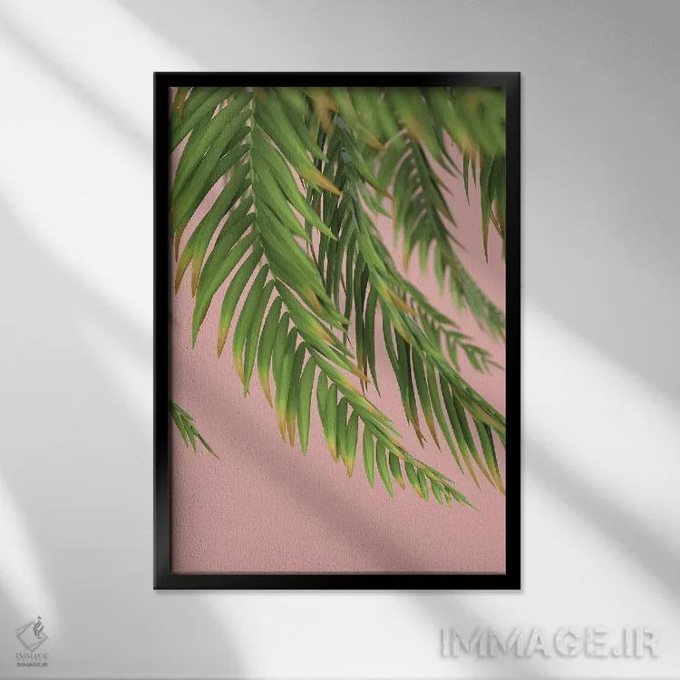 تابلو مینیمال شاخه نخل بر پس زمینه هلو اول اثر مایک کیف - نمای قابدار مشکی