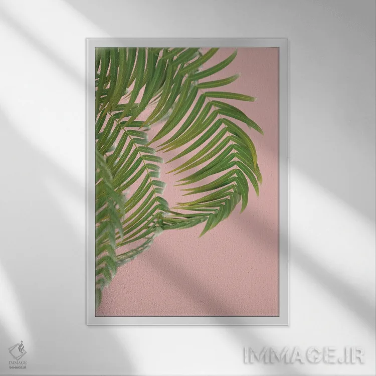 تابلو مینیمال شاخه نخل بر پس زمینه هلو دوم اثر مایک کیف - نمای قابدار سفید