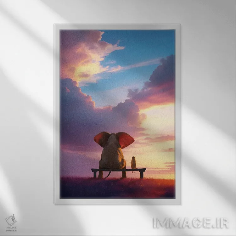 تابلو دکوراتیو فیل و سگ روی نیمکتی نشسته اند و طلوع خورشید را تماشا می کنند اثر مایک کیف - نمای قابدار سفید