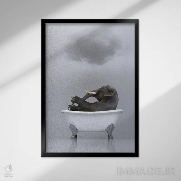 تابلو دکوراتیو فیل در حال استراحت در وان دوم اثر مایک کیف - نمای قابدار مشکی