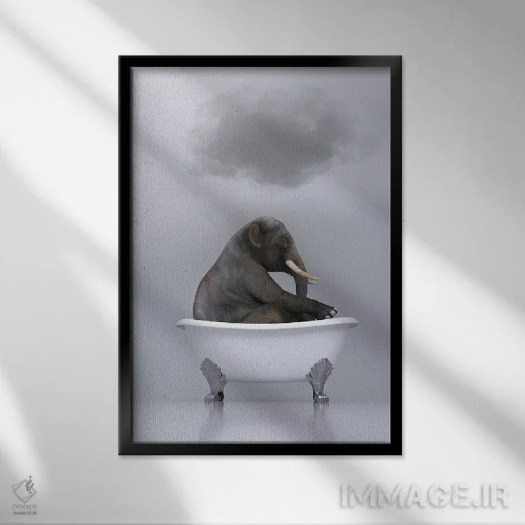 تابلو دکوراتیو فیل در حال استراحت در وان اثر مایک کیف - نمای قابدار مشکی