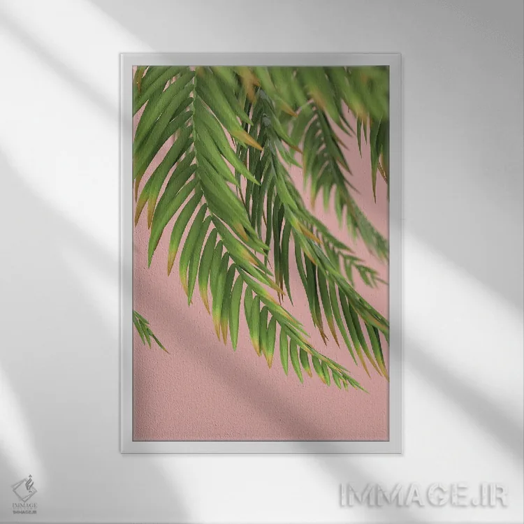 تابلو مینیمال شاخه نخل بر پس زمینه هلو اول اثر مایک کیف - نمای قابدار سفید